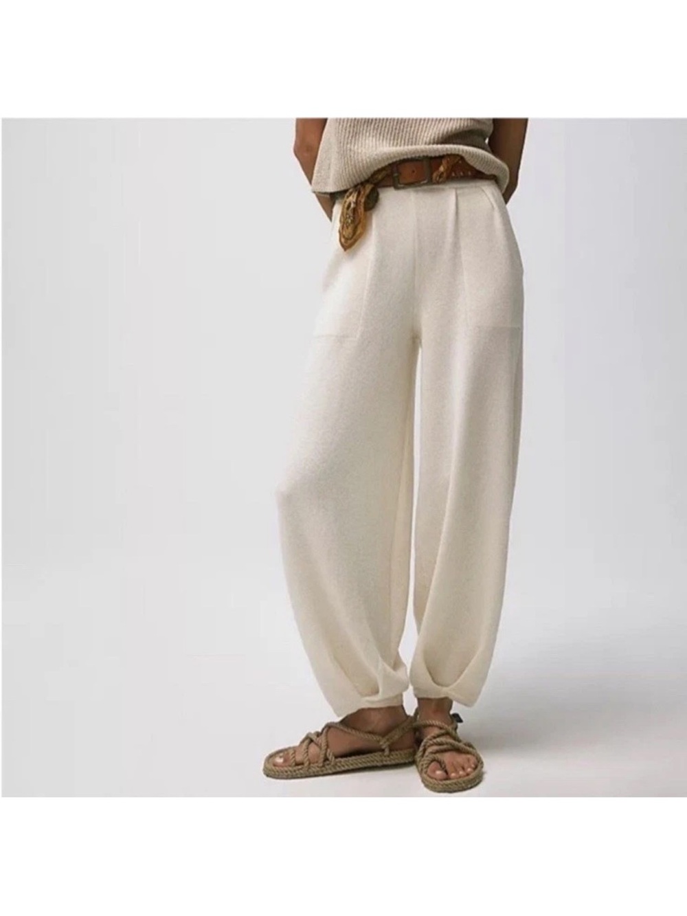 Free People Cream Ribbed Wide-Leg Jumpsuit - Picture 1 of 6